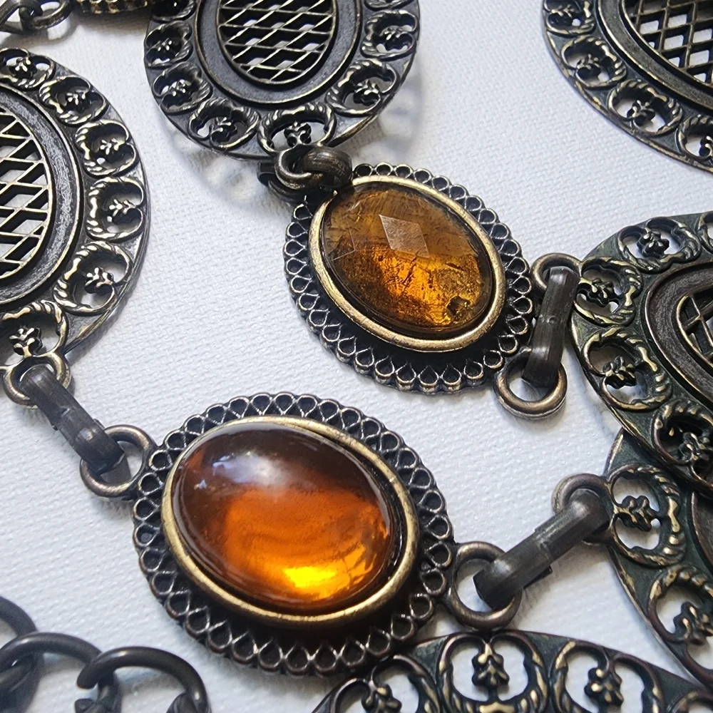 Amber Belt Vintage Jewelry Bronze Medallion Antique Gold Heavy Chain